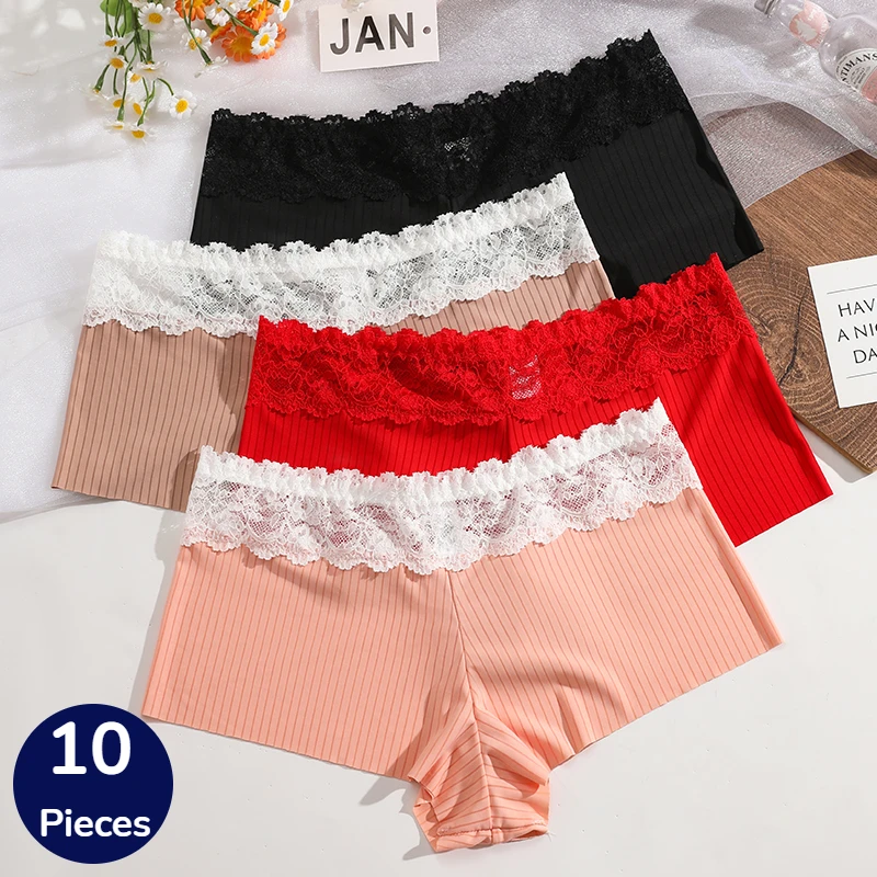 BZEL 10PCS Damen Höschen Nahtlose Seide Satin Unterwäsche Spitze Hohl Frau Boxer Atmungsaktiv Sexy Dessous Gemütliche Sport Boyshorts