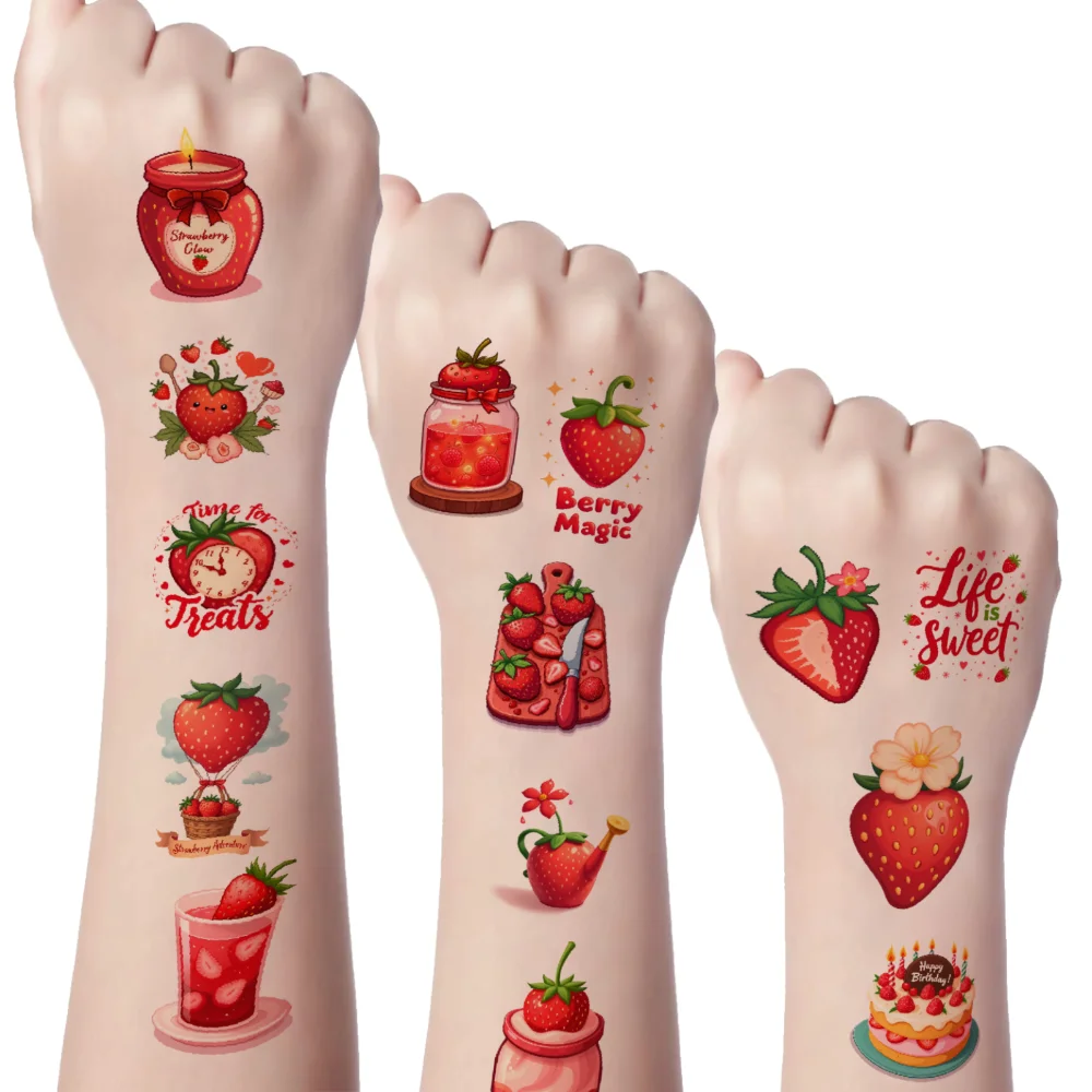 

63pcs Temporary Tattoo Berry Design Waterproof Long-lasting Body Stickers Strawberry Illustration Temporary Tattoo Stickers For