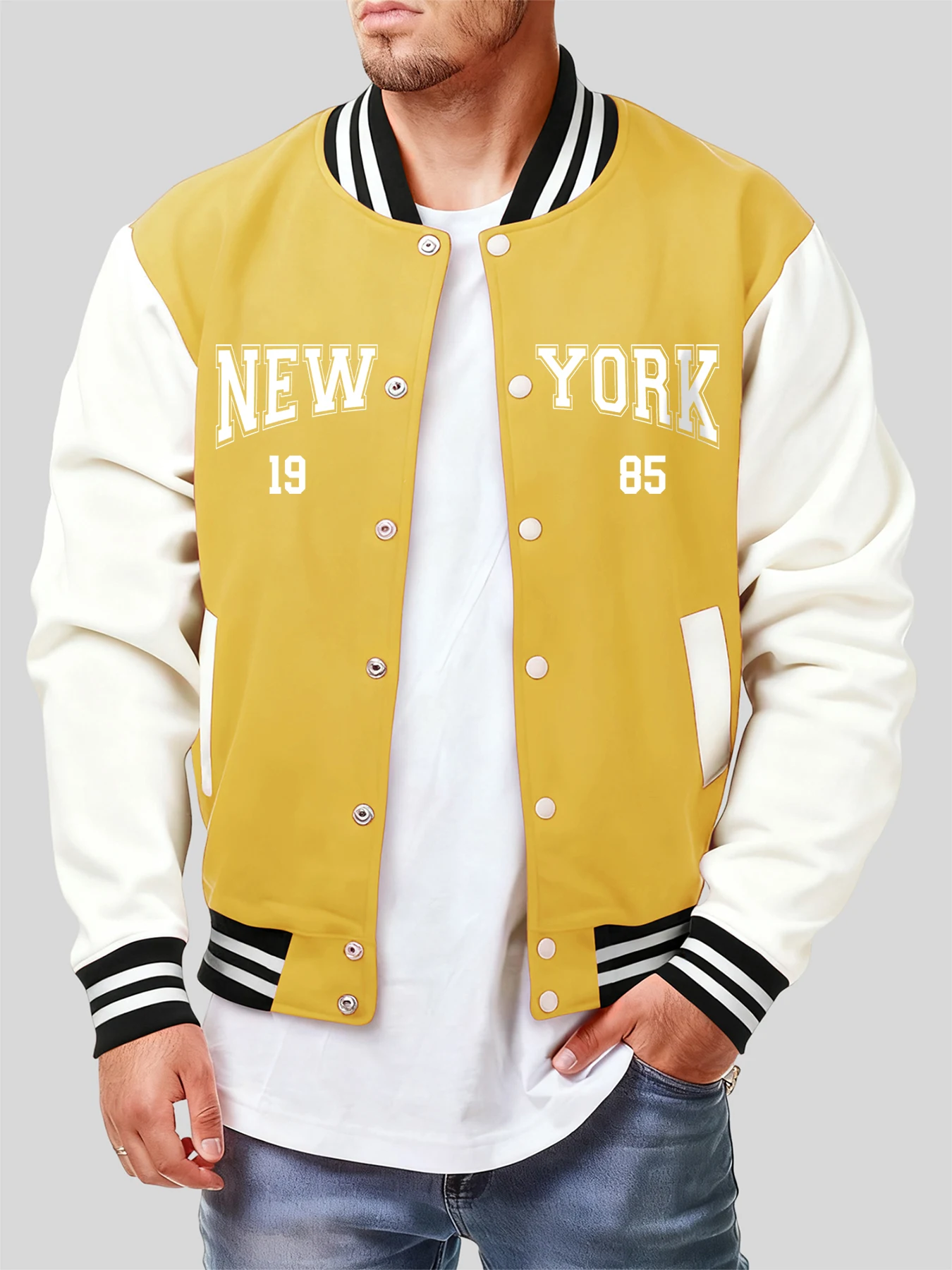 

New York 1985 Art Letter Print Autumn Men Clothing Personality Streetwear Pocket Fleece Multicolor Pullover Baseball Jersey