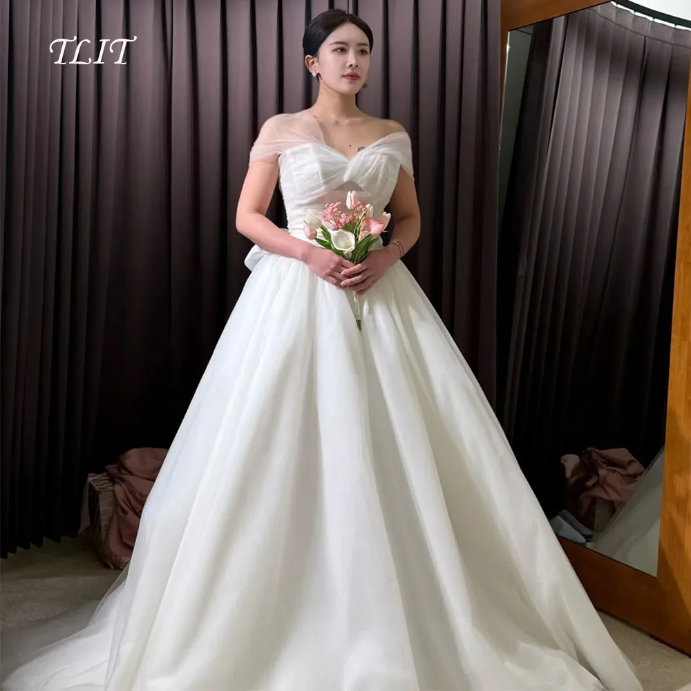 TLIT Simple White Tulle A-Line Wedding Dresses Customized Criss-Cross Strapless Bridal Gowns Korea Wedding Dresses Photos Shoot