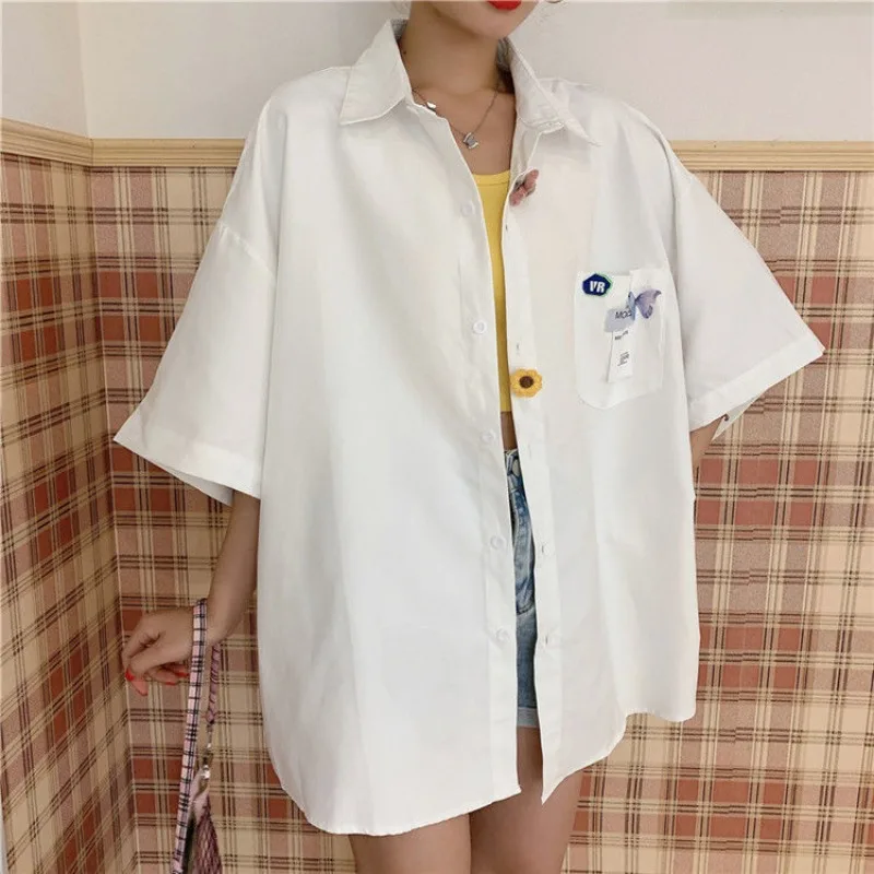 DAYIFUN-Japanse universiteitsstijl shirts met patchwork zakontwerp voor dames met korte mouwen blouses studenten losse tops zomer