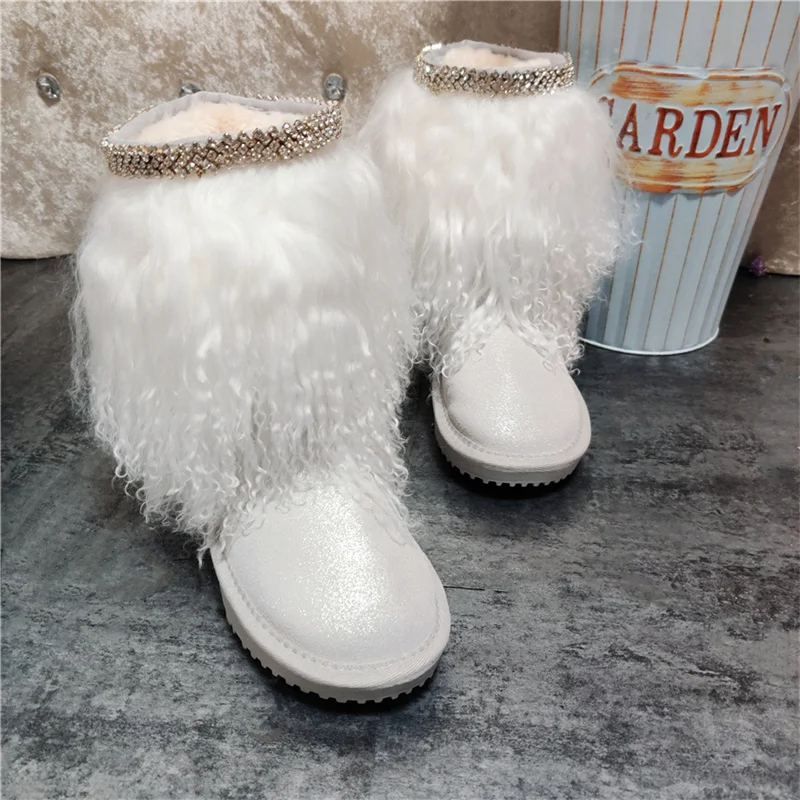 Pearlescent white women's boots fur in one medium tube beach wool snow boots diamond women's large size cotton shoes 35-44