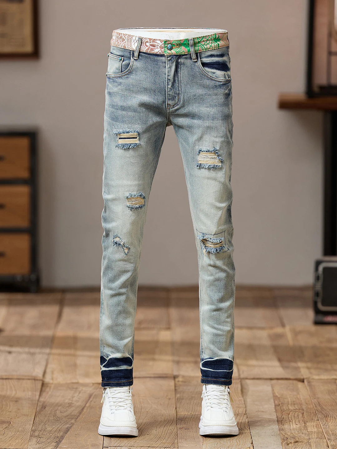 

Retro Patchwork Slim Fit Men's Jeans Spring Autumn Cotton Stretch Denim Pants Wear Resistant Casual Trousers for Men