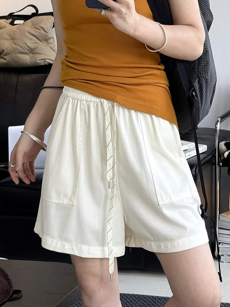 FANAN-pantalones cortos minimalistas con diseño de cordón para mujer, ropa elástica de cintura alta con bolsillos grandes, moda femenina, novedad de verano 2025