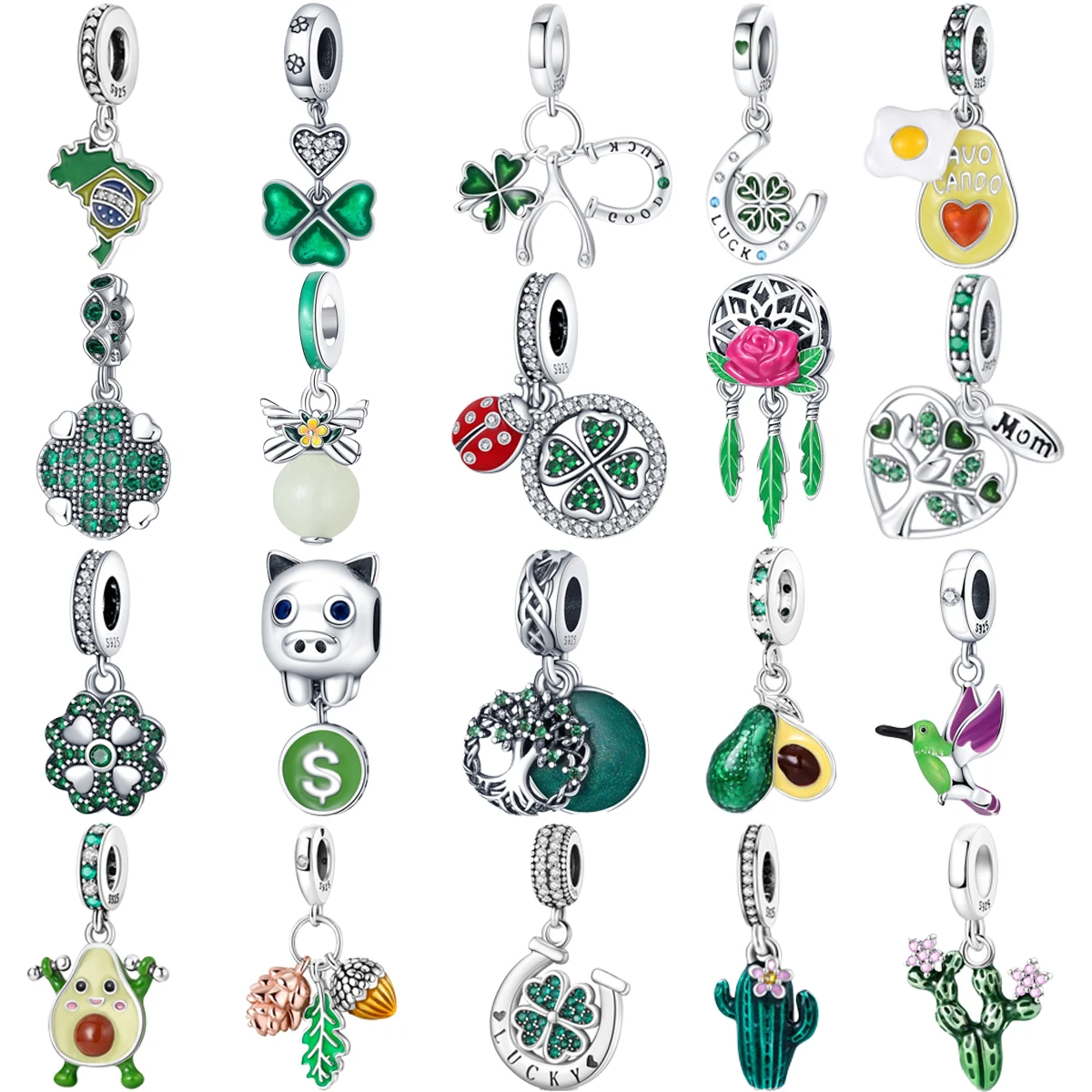 Original 925 Sterling Silver Green Clover Avocado Cactus Tree of Life Charm Beads for Pandora DIY Bracelet WomenJewelry Gifts