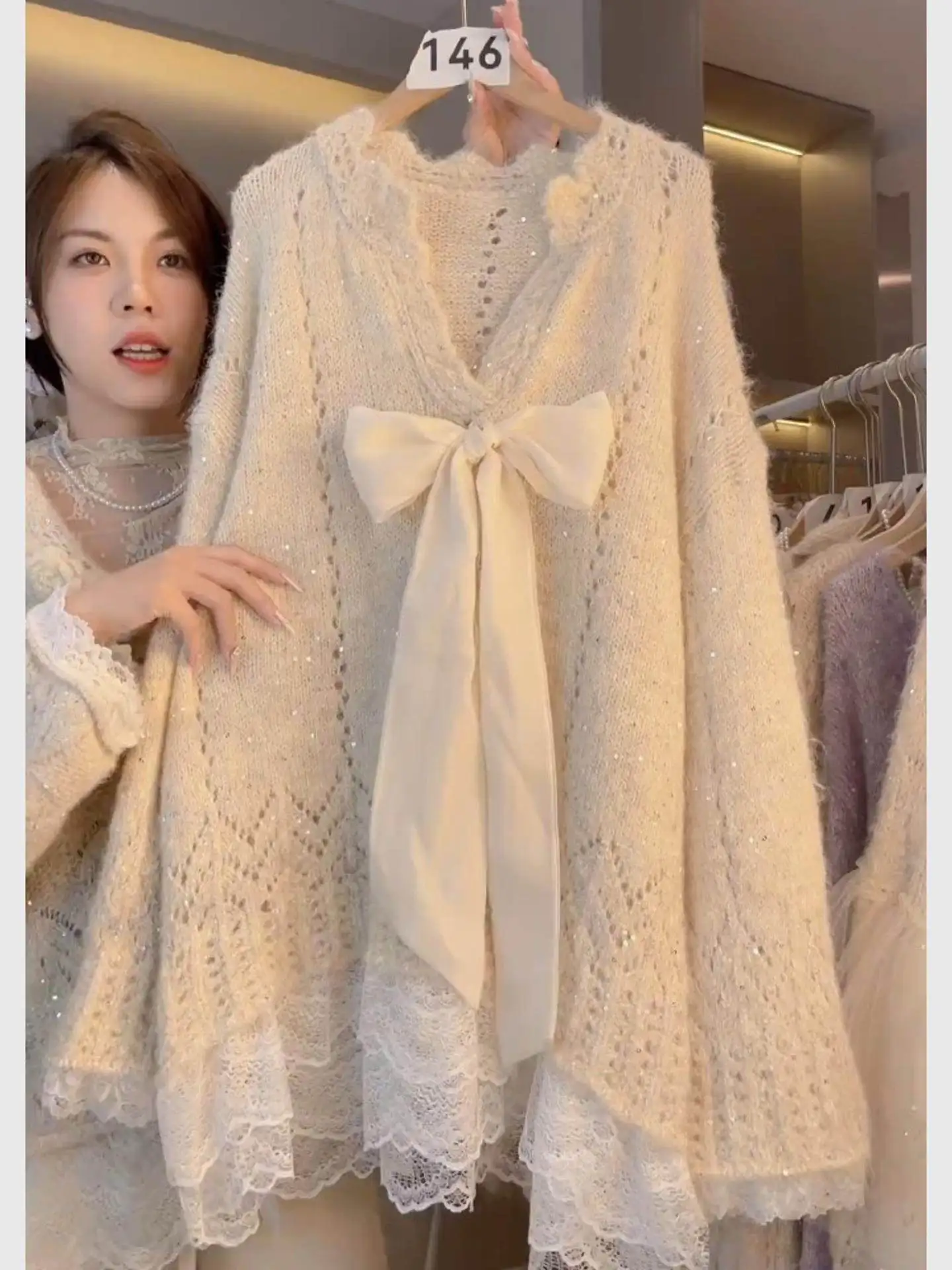Korean Style Sweet Knot Sweater Women's Loose Knitted Top Lace Splicing Autumn Winter Fashionable Casual Shirt