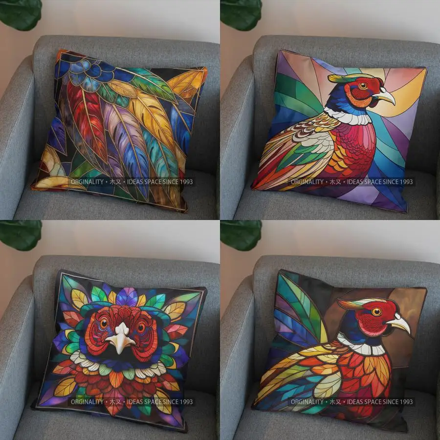 2D Stained Glass Feather-Patterned Decorative Pillow Pattern Cushion Cover Suitable For Sofa Bedroom Car Pillow Cover
