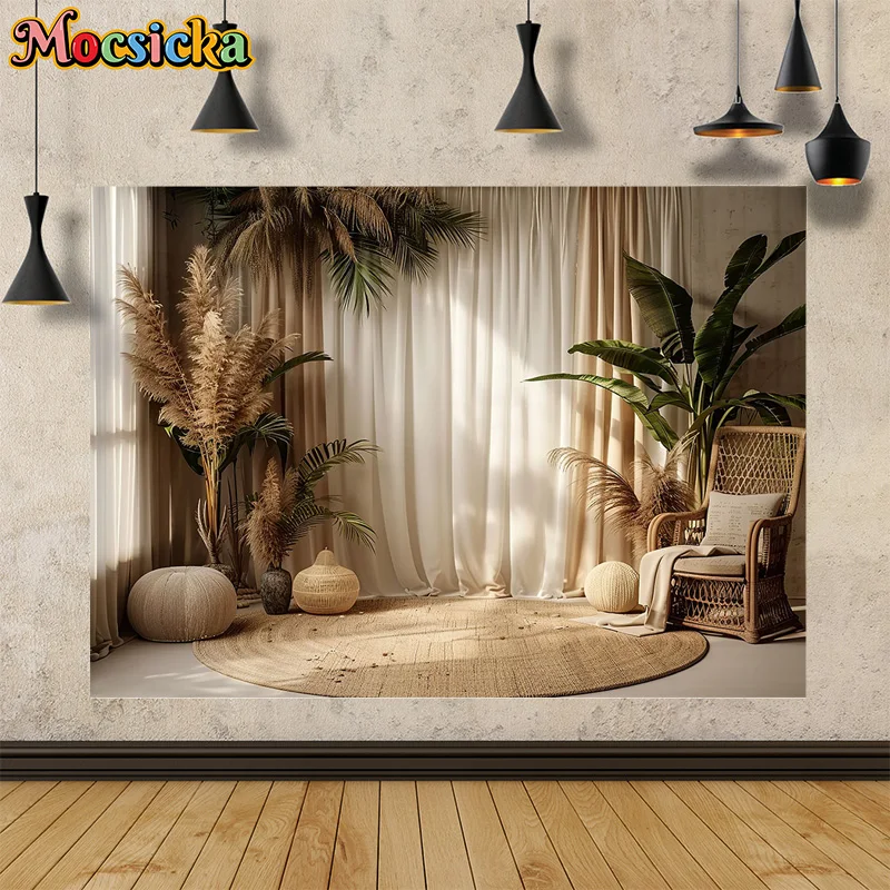 Mocsicka Summer Photography Backdrop Happy Birthday Party Living Room Greenery Curtain Background Adult Kids Portrait Studio