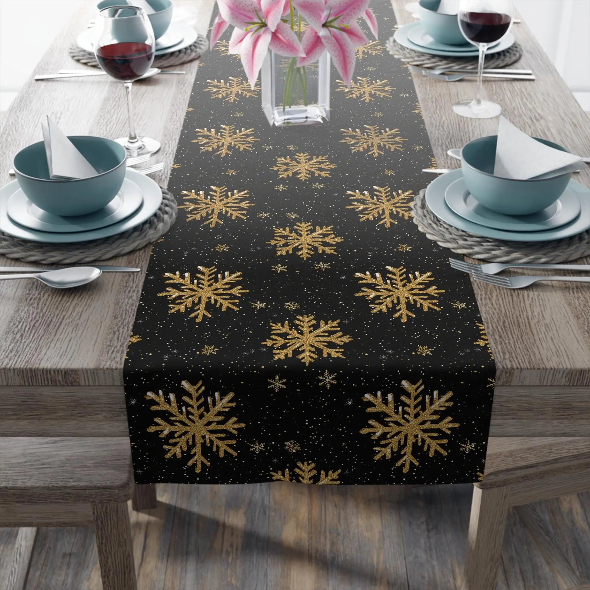 Black Gold Snowflake Table Runner, Elegant Winter Holiday Decor Tablecloth for Dining Table Party, Xmas Home Decoration