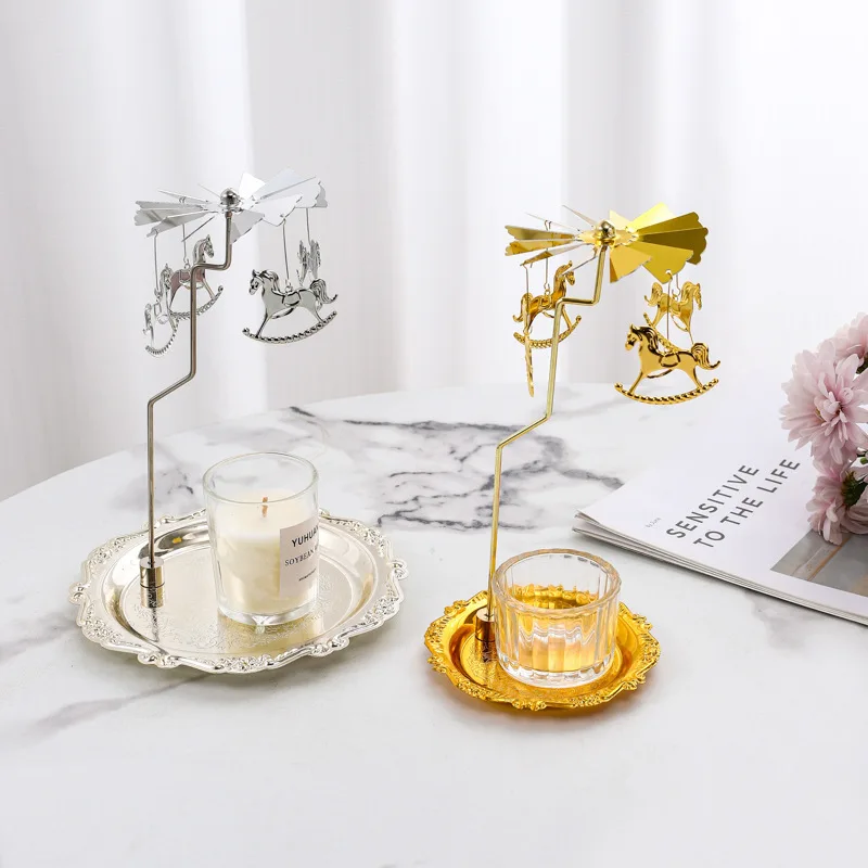 Golden Horse Rotating Candle Holder, Retro Marquee Candlestick, Romantic Table Decor for Candlelight Dinner & Christmas Gift