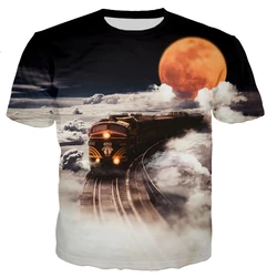 Fashion Trends Summer New Retro Train Engine Pattern Printed Men's T-shirt Street Fashion Cool Round Neck Plus Size Top