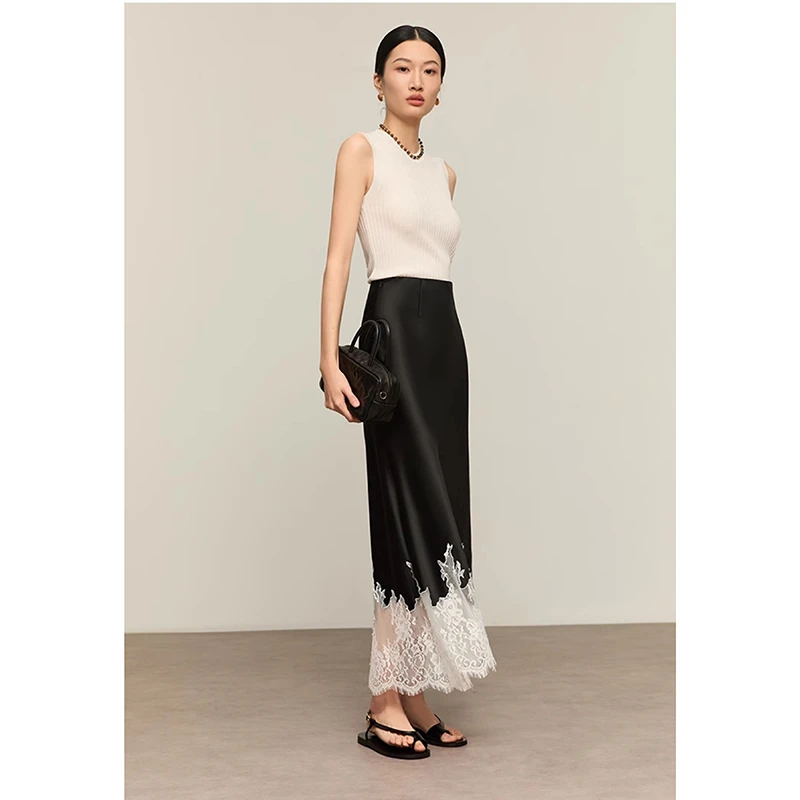 2025 New Arrival Summer Women Casual High Waist Elegant Slim Pencil Skirt Lace Patchwork Good Quality Ankle-length Skirts T11