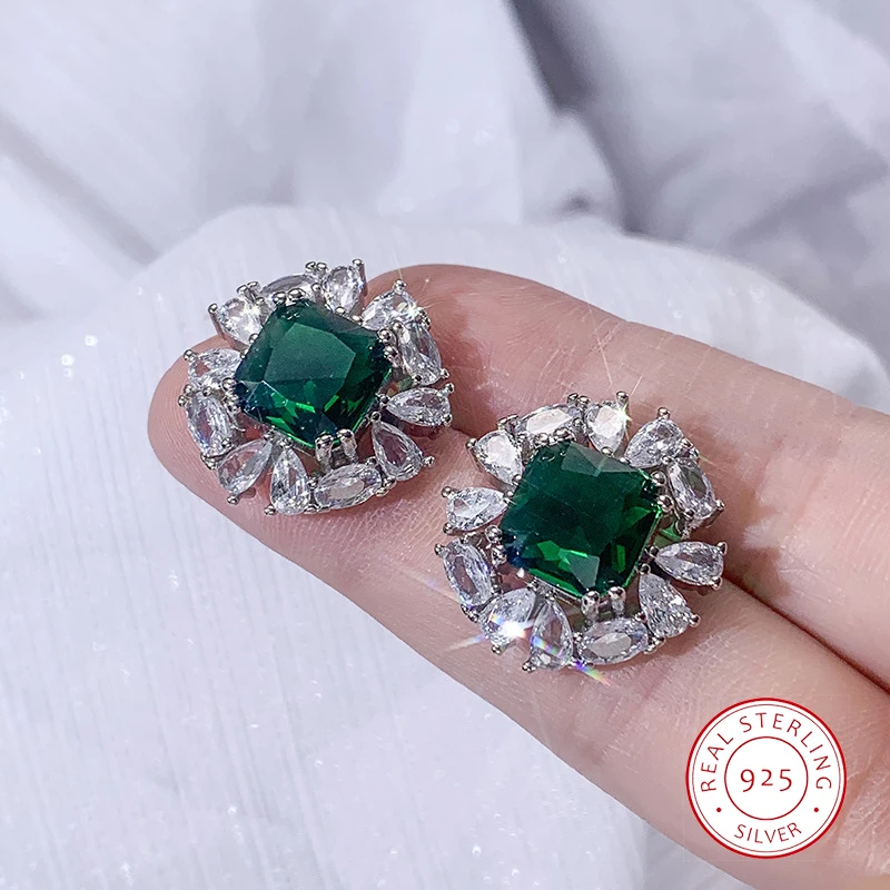 Fashion Emerald Square Zircon Earrings Female 925 Silver Luxury Diamond Set Green Jewelly Earrings Main Stone 8*8mm Wedding Gift