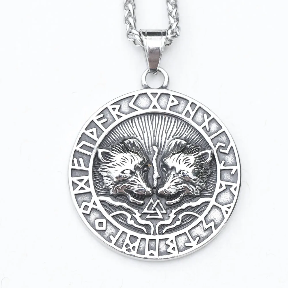 2025 نمط جديد الفولاذ المقاوم للصدأ فايكنغ مزدوجة الذئب قلادة فايكنغ الرونية تميمة هيلم العراف مجوهرات للرجال بالجملة #5