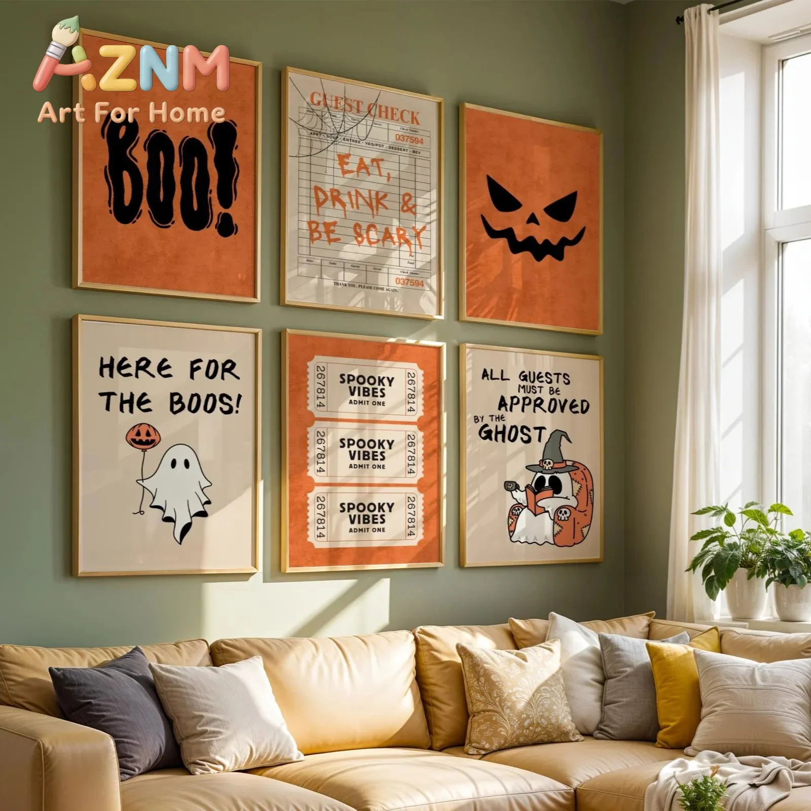 3pcs/set Cute Ghost Wear Witch Hat & Read Book Canvas Print Halloween Boo Evil Face Wall Art Poster for Modern Autumn Home Decor