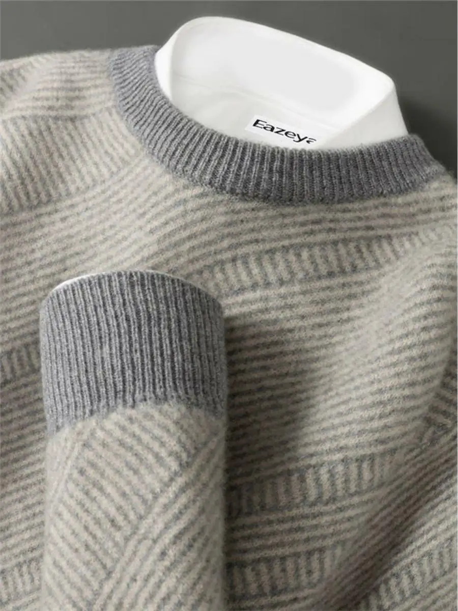 

Мужской осенний вязаный свитер с круглым вырезом, свободный повседневный свитер с диагональными полосами интарзия, шерстяной свитер большого размера