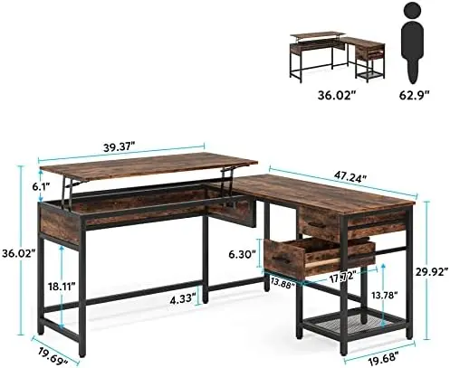 

L-образный стол с ящиками, угловой стол с подъемником, большой компьютерный стол 59 дюймов, стоячий стол с регулируемой высотой для H