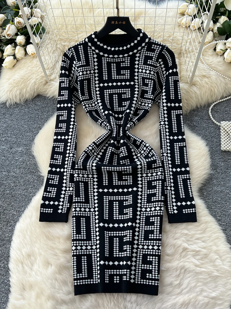Faionable Geometric Print Knitted Dr Women's High Waist Slim Fit Long Sve Summer Ci Commute A-Line Dr