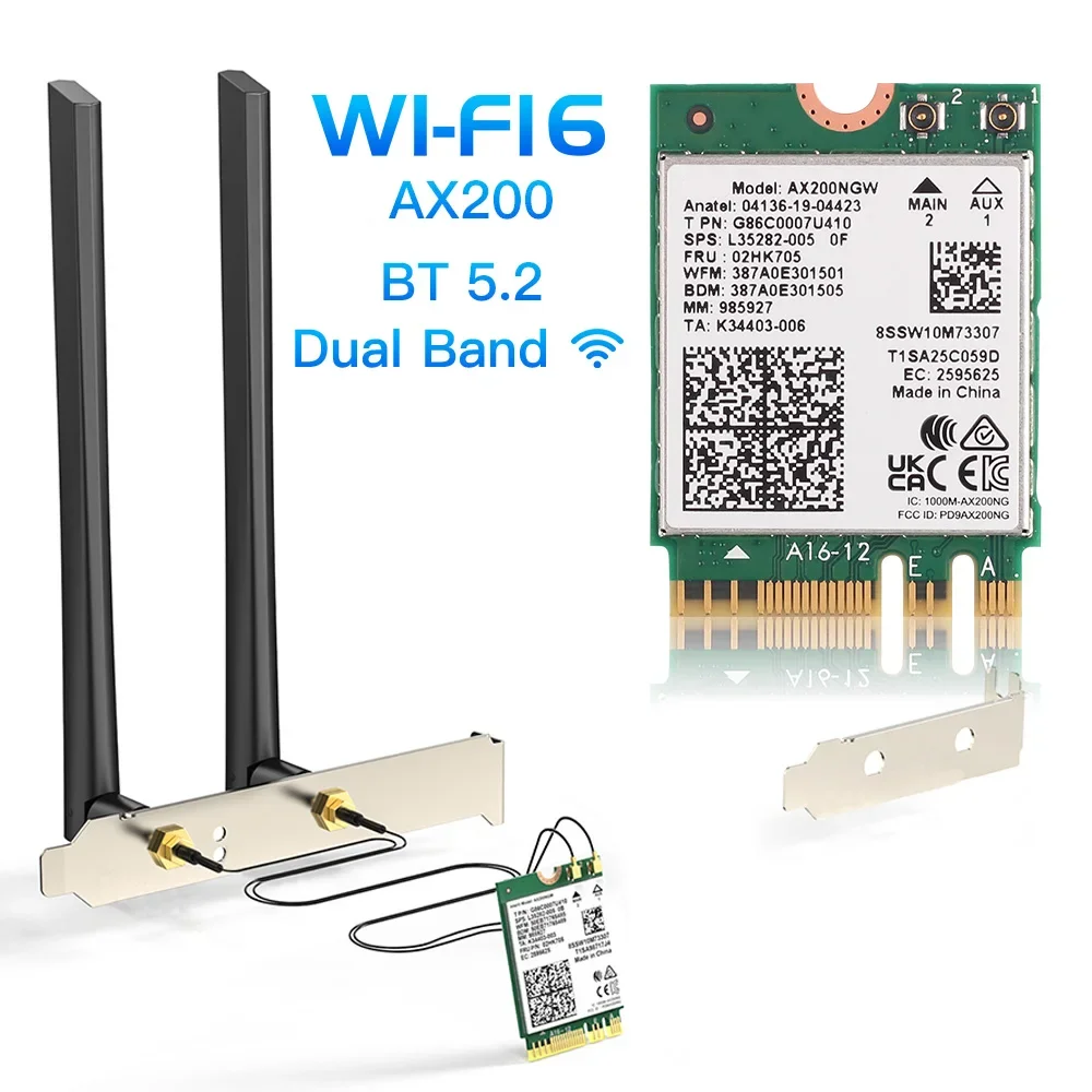 

Сетевая карта Wi-Fi 6 AX200 BT5.2 M.2 AX200NGW Настольный комплект Двухдиапазонный беспроводной адаптер Wi-Fi 6 2,4G/5 ГГц Антенна 802.11ax