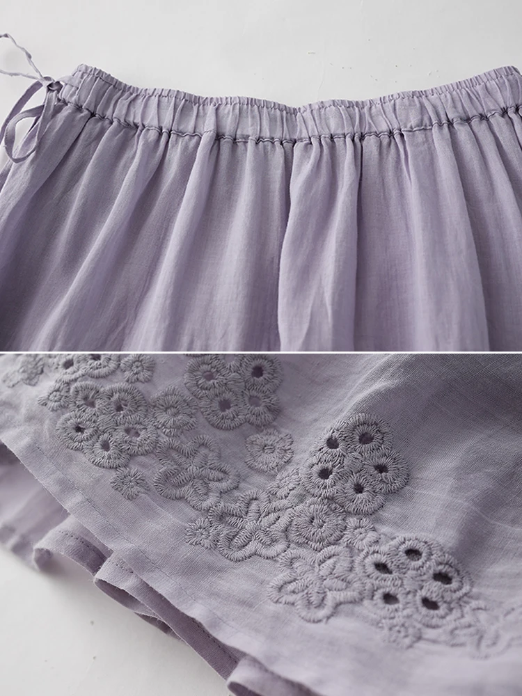 Lace Hollow Out Cotton Linen Women Skirts 2025 New Summer Drawstring Patchwork Office Lady Midi Skirt Large Swing Pleated Skirts