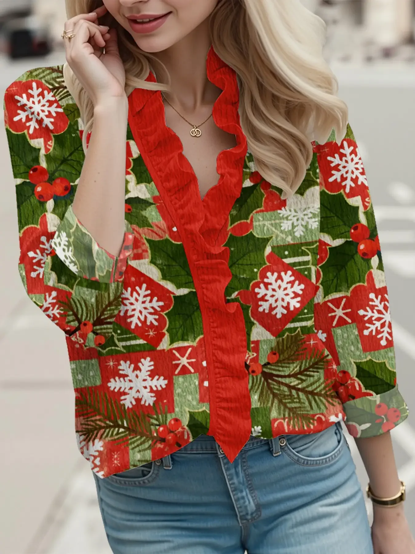 

Ladies' Christmas floral print ruffle long sleeved shirt - soft touch texture loose fit, navidad roupa
