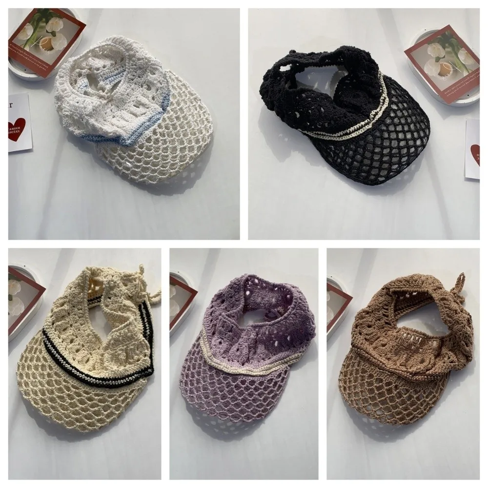 

Simple Sunscreen Crochet Empty Top Cap Knitted Sunshade Hollow Out Visor Hat Foldable Soft Drawstring Hat High Ponytail