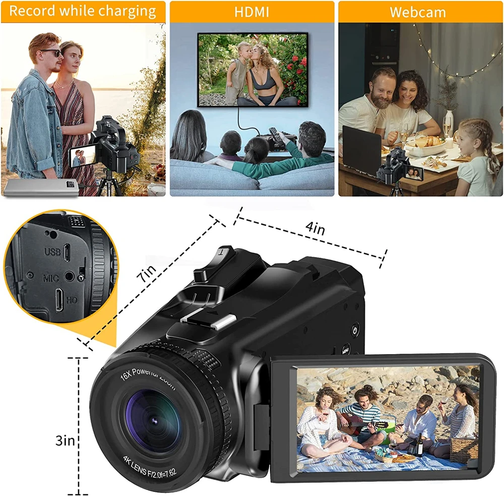 4K Youtube Vlog Camcorder 60FPS UHD Digital Video Camera For Live Stream Webcam Fill Light 4.0 Inch Rotate Touch Screen 18X Zoom