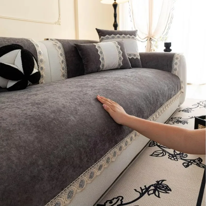 Modern Light Luxury Cream Style Minimalist Chenille Sofa Pad, Non-Slip Warm Elegant Couch Mat for Home Living Room Interior Deco