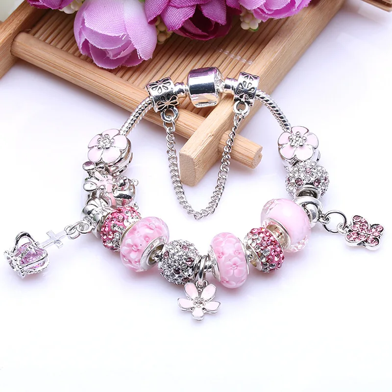 2025 New Pink Large Hole Beaded Bracelet with Thousand Flowers DIY Butterfly Pendant for Women Cute Valentine's Day February14th