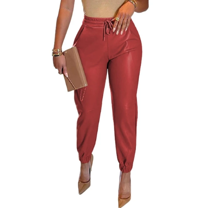 Women's Trouser Casual Fashion Vintage Solid Color Drawstring HIgh Waist Pocket Design PU Leather Cropped Pencil Pants