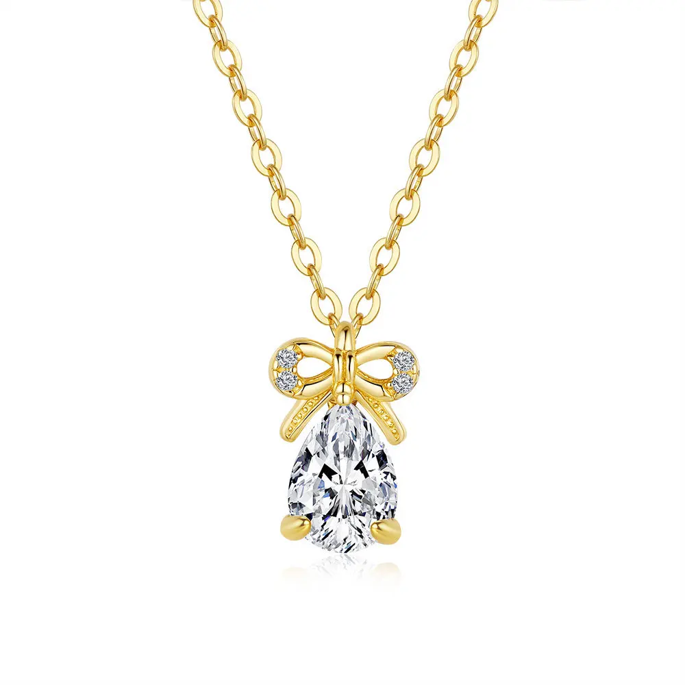 Butterfly Knot Water Drop Pendant for Women 18K Gold Full Set Moissanite Necklace Platinum PT950 Diamond Collarbone Chain