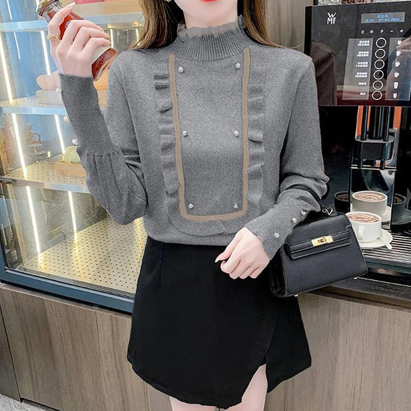 New Women Fashion Ruffle Beaded Chic Elegant Basic Knitted Sweater Autumn Winter Half High Collar Long Sleeve Slim Pullover Tops