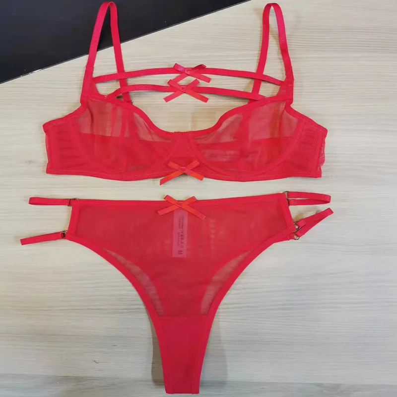 Ultra-thin Half Cup Bra Underwear Sets Sexy Lace With Steel Rings Gathering Pure Desire Transparent Lingerie Panty Set