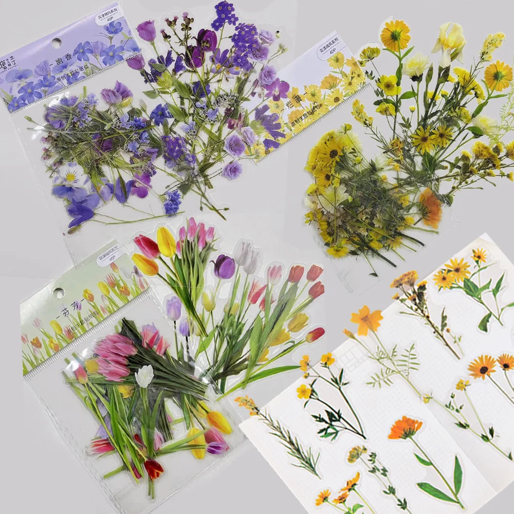 40Pcs/Set Flowers Sticker Sweet Daisy Plant Transparent Waterproof Decals Scrapbooking DIY Decoration Material Student Supplies