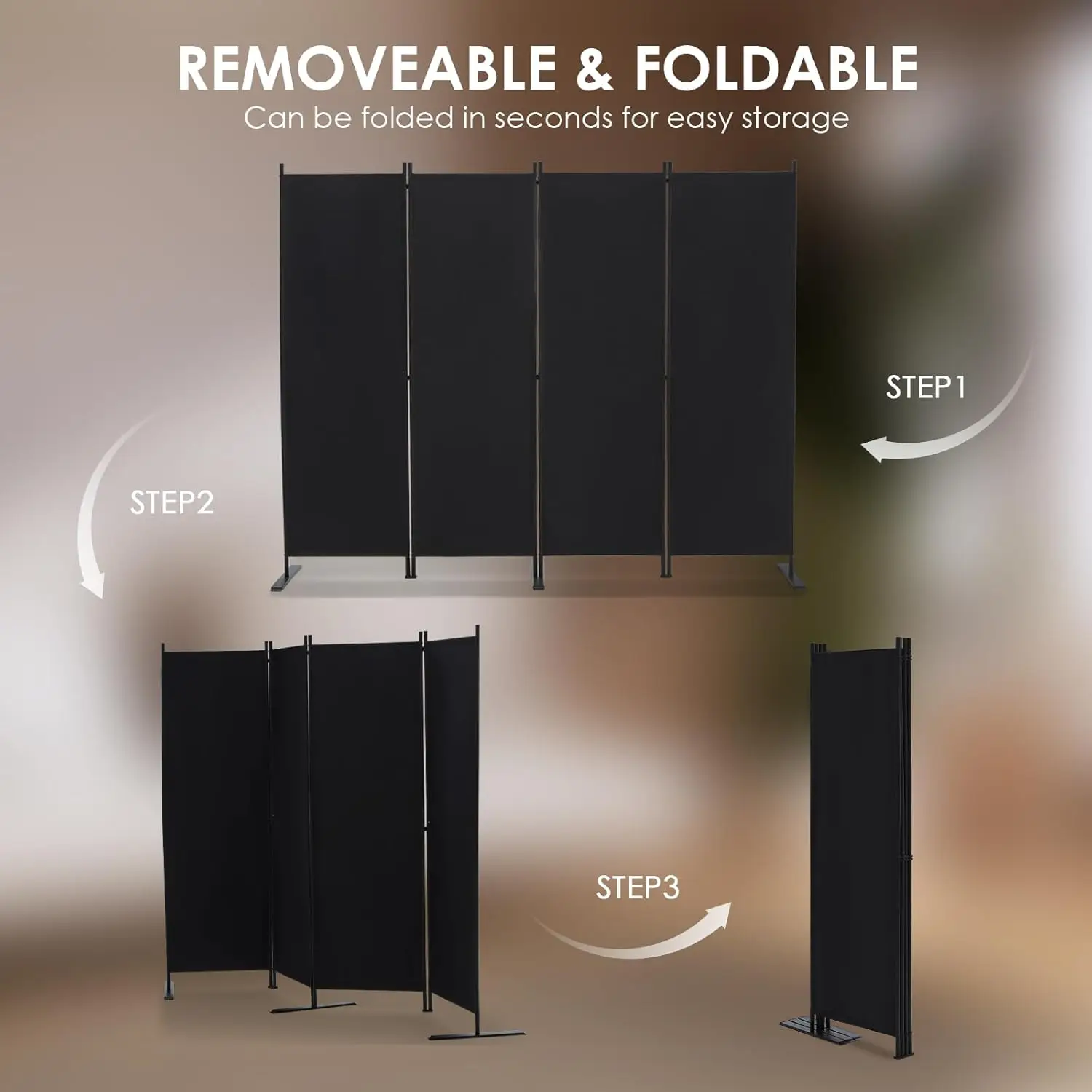 6 FT Folding Privacy Screen with Wide Feet, Freestanding Partition for Room Separation, Portable Panel, Black