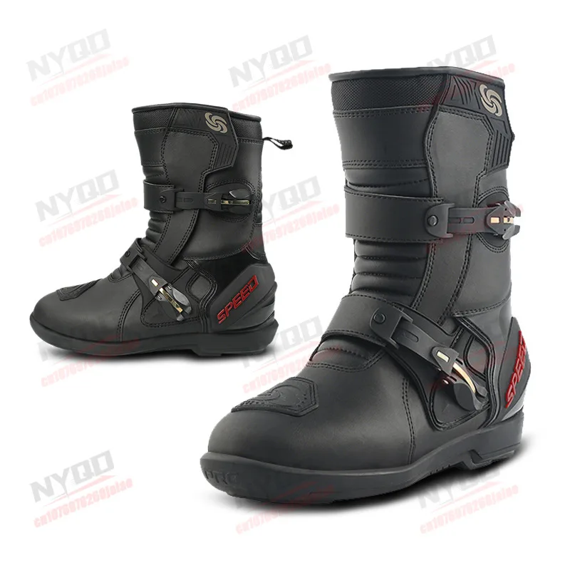 Motorcycle Riding Boots for Men Outdoor Motorcycle Shoes Double Buckle Ankle Support, Anti Fall Street Racing Equipment