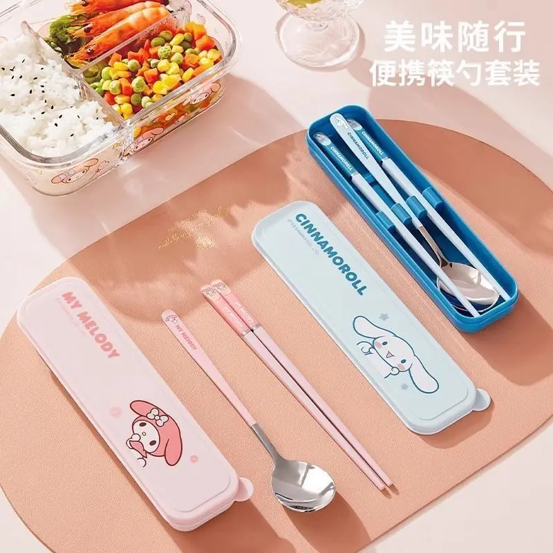 Anime Cartoon Kawaii Sanrio 2026 Hello Kitty Melody Cinnamoroll Portable Student Tableware Suit Stainless Steel Chopsticks Spoon view 3