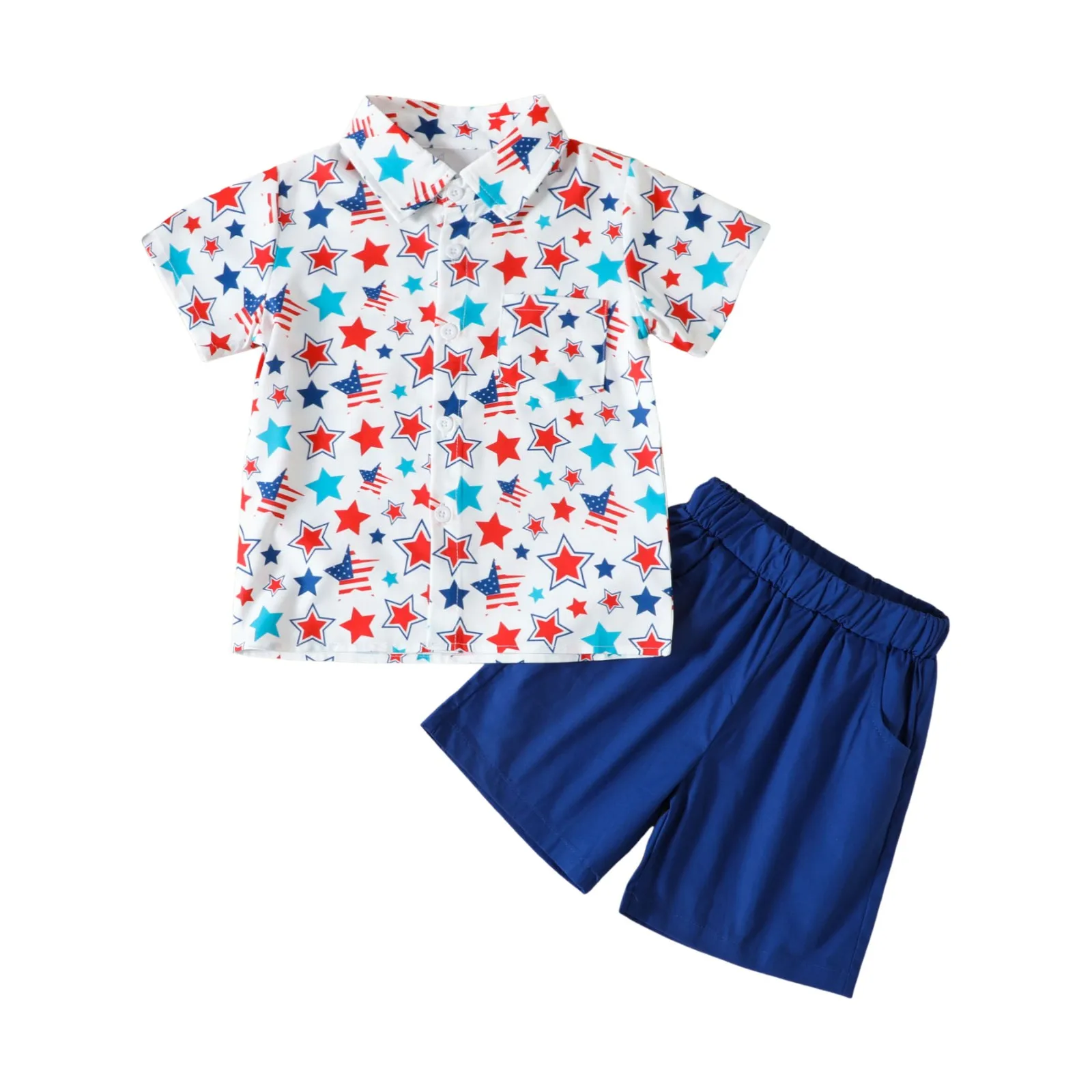 

Jacket Pant Set Boys Short Sleeved Shorts Suit Comfortable Breathable Fashionable Independence Day Shirt Short Sleeved Kid Leave