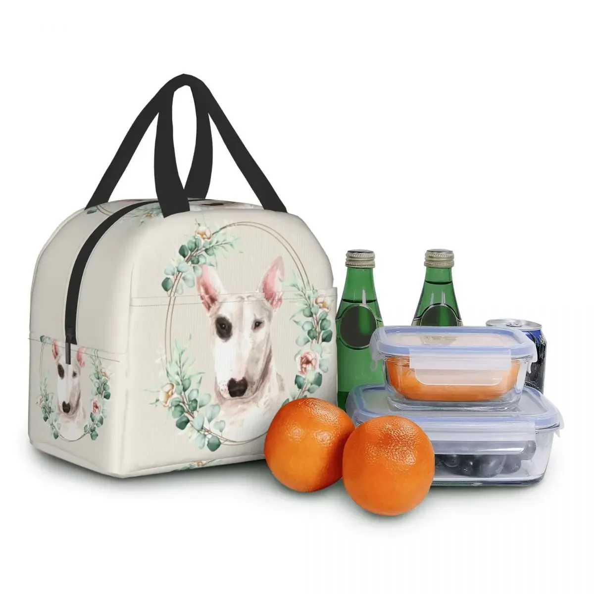 Bull Terrier Dog In Floral fiambrera térmica multifunción para mujer, bolsa de almuerzo aislada para alimentos cálidos para niños, niños escolares