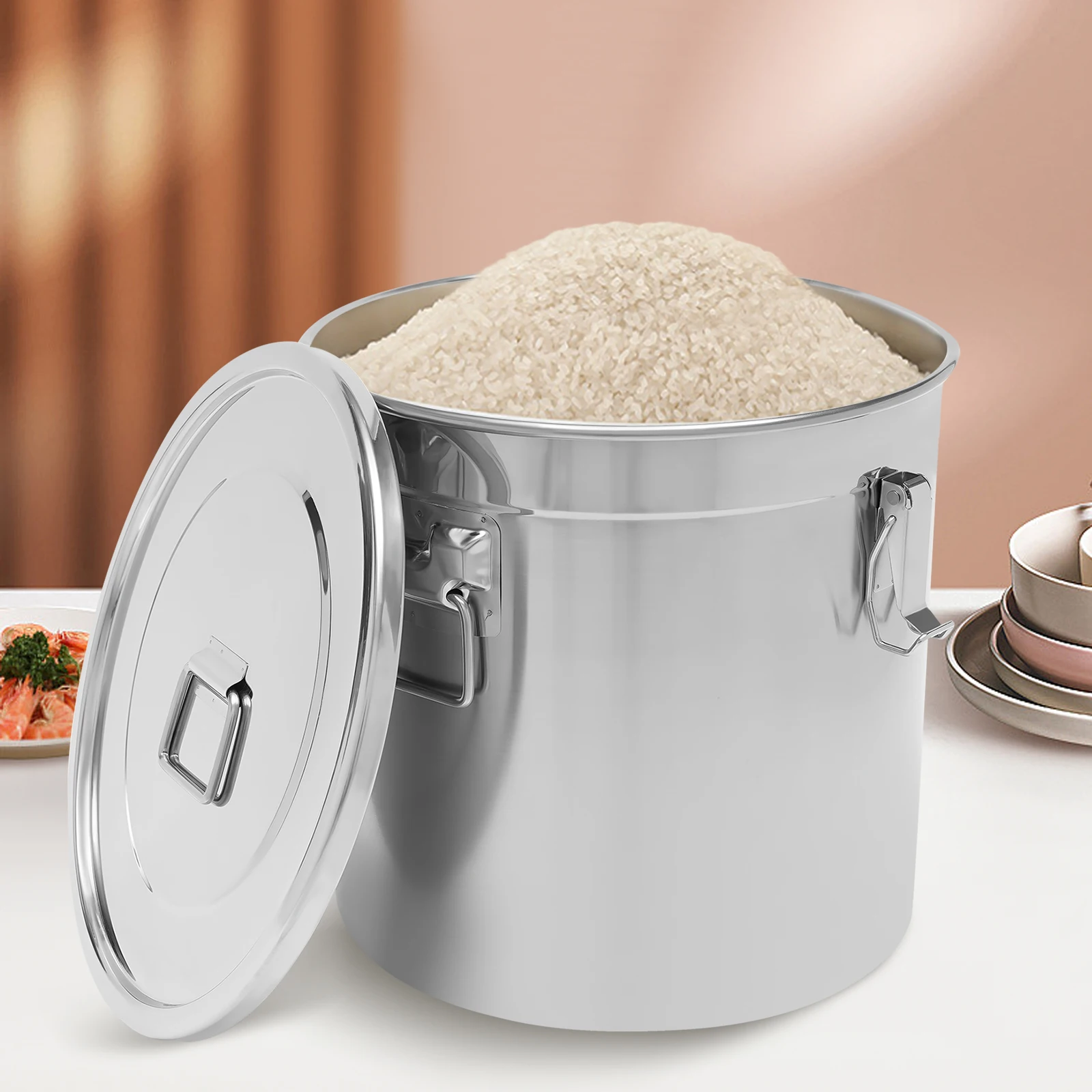 33L Stainless Steel Airtight Canister Rice Cereal Grain Canisters Container Food Oil Sugar Milk Storage Bucket with Handles+Lid