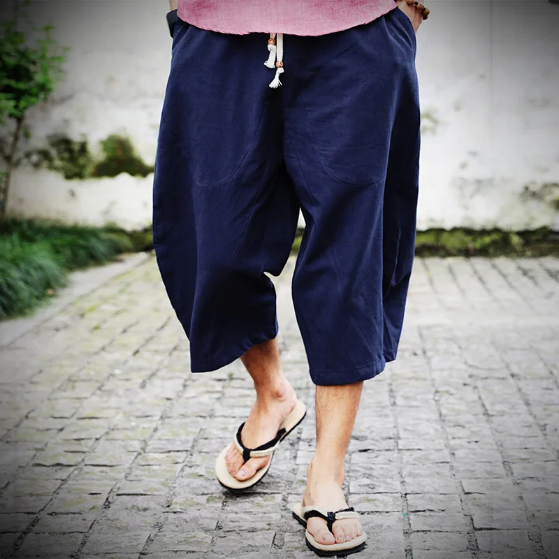 Casual Loose Men's Linen Cotton Blend Seven-Foot Drawstring Waist Pants Comfortable Breathable Summer Trousers