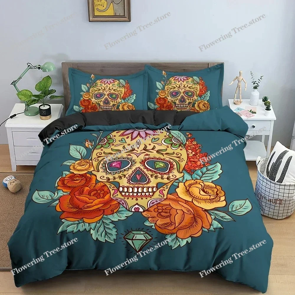 Skull Duvet Cover Set Flowers Bedding Set Quilt Cover With Pillowcase King Queen Twin Full Size Bedclothes Bedroom Decor 5