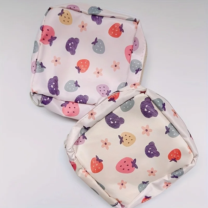 2pcs Cute Style Makeup Bag Zipper Pouch Lipstick Bag Strawberry Pattern Sanitary Napkin Storage Bag Portable Travel Toiletry Bag