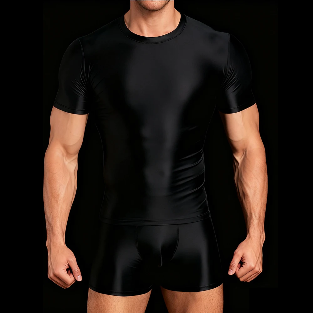 남성용 광택이 나는 부드러운 피트니스 러닝 통기성 트랙수트 스포츠 타이츠 고탄력성 빠른 건조 상의+반바지 액티브웨어 세트