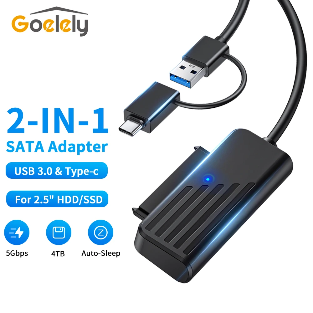 

Goelely 2-in-1 SATA Adapter SATA to USB 3.0 / Type-c Converter for 2.5 Inch HDD SSD Hard Drive Plug & Play USB to SATA Adapter