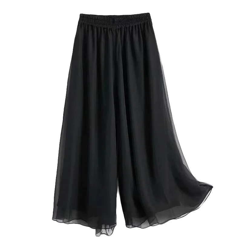 Solid Color Thin Chiffon Wide Leg Pants For Women's Summer New Elastic Waist Casual Loose And Slimming Cropped Pants Trousers