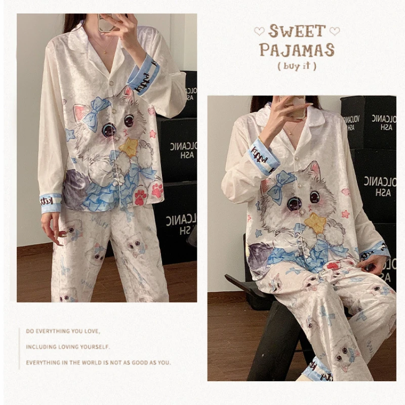Plus Size Soft Golden Velvet Pajamas Women's Sweet Cartoon Cat Long Sleeve Trousers Winter Spring Outer Wear Home Clothes Suit
