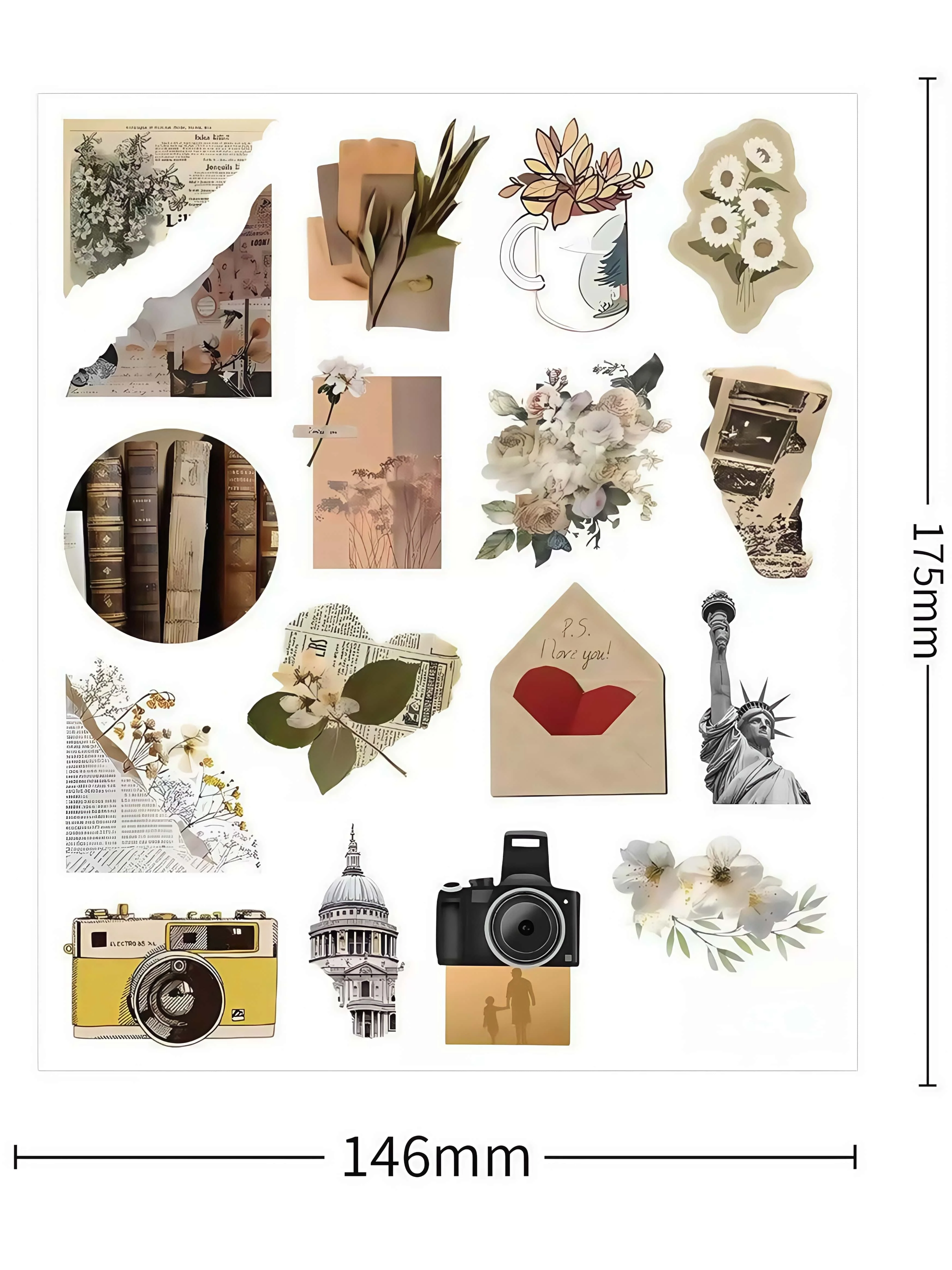 99PCS 빈티지 미적 스티커 팩, 복고풍 꽃 & 카메라 요소 데칼, 저널 스크랩북 노트북을위한 방수 DIY 장식