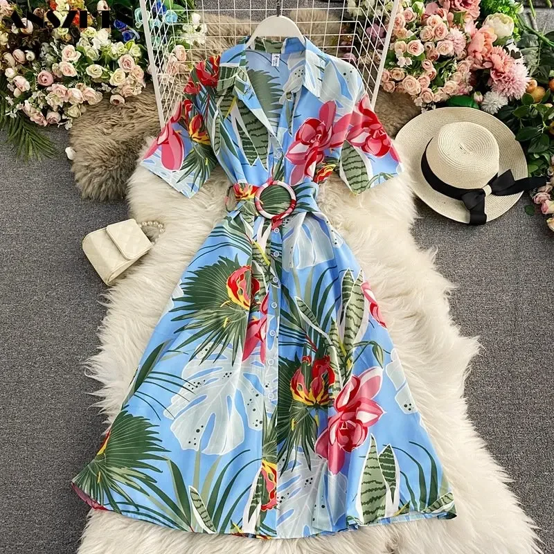 Summer French vintage print shirt short sleeve dress