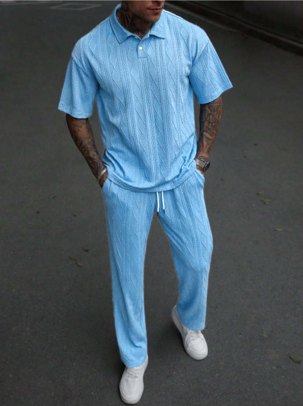 New men's suit, button-down lapel jacquard short-sleeved top, pocket drawstring summer casual trousers